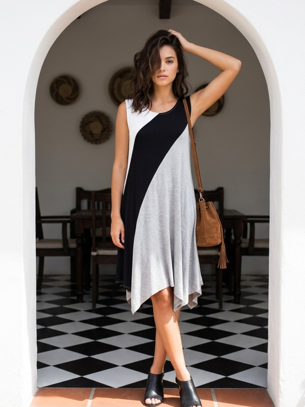 NWT Premise Sleeveless Colorblock Dress - Black Mist, Gray Heather & White Sz S